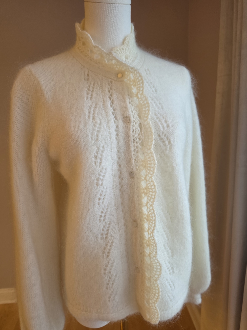 Sezane Cream Lace-Trim Mohair Blend Women's Sweater Cardigan